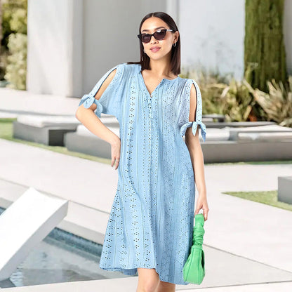 💃Women's Elegant V-Neck Hollow-Out Solid Dress