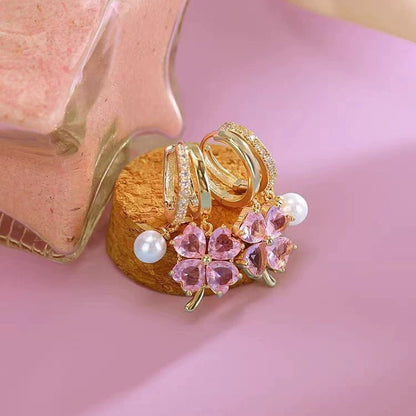 Buy 1 Get 1 Free🌸Fashion crystal four-petal flower pearl earrings