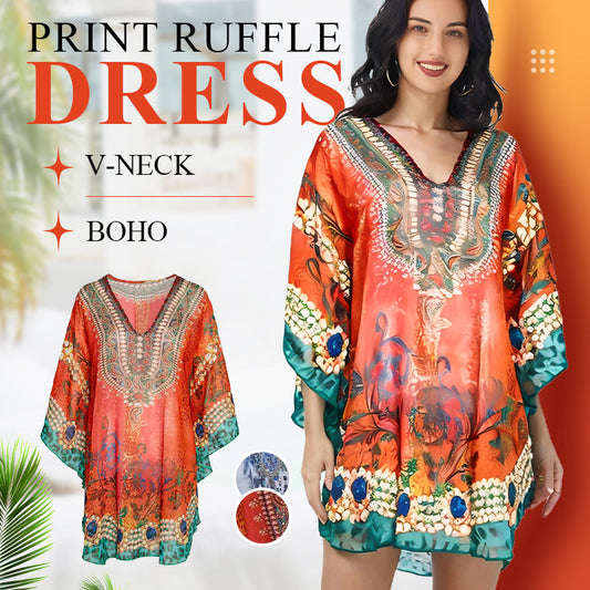 V-Neck Boho Print Ruffle Dress🌼