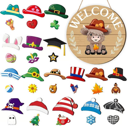 🍁Christmas Best Decorations🎄Interchangeable Wooden Gnome Welcome Sign🎈