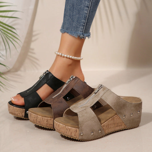 ⏳ Limited time 50% off! 💥Women's Fashion Rivet Wedge Fish Mouth Thick Bottom Sandals（The more you buy, the higher the discount）