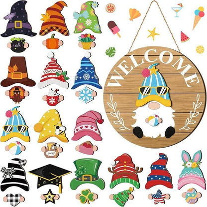 🍁Christmas Best Decorations🎄Interchangeable Wooden Gnome Welcome Sign🎈