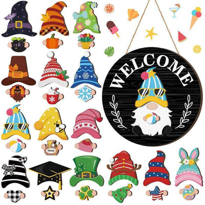 🍁Christmas Best Decorations🎄Interchangeable Wooden Gnome Welcome Sign🎈