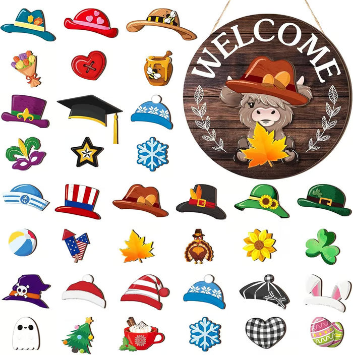 🍁Christmas Best Decorations🎄Interchangeable Wooden Gnome Welcome Sign🎈