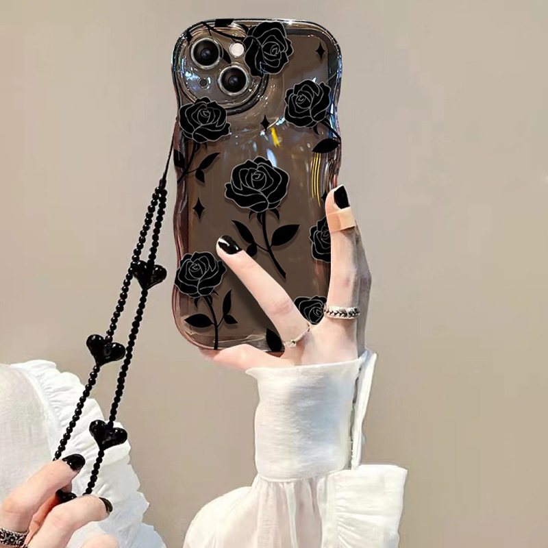 Black Rose Shockproof Wavy Case for iPhone 13–16 Series