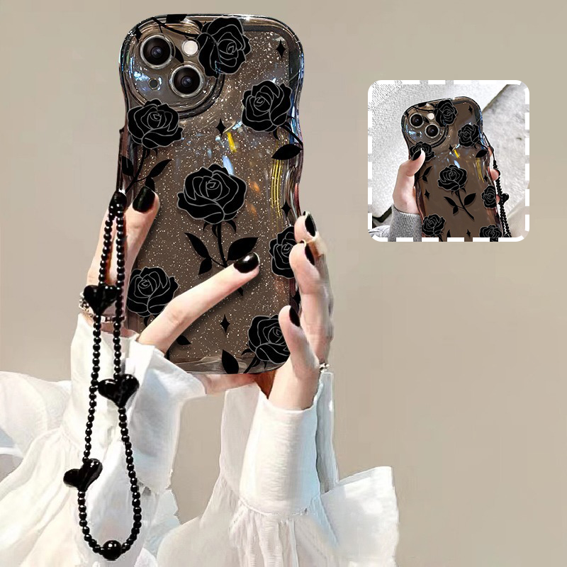 Black Rose Shockproof Wavy Case for iPhone 13–16 Series