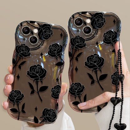 Black Rose Shockproof Wavy Case for iPhone 13–16 Series