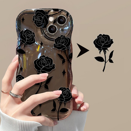 Black Rose Shockproof Wavy Case for iPhone 13–16 Series