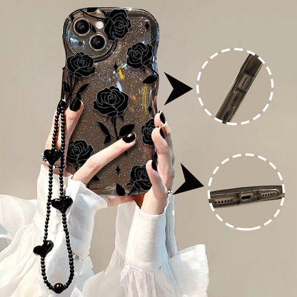 Black Rose Shockproof Wavy Case for iPhone 13–16 Series