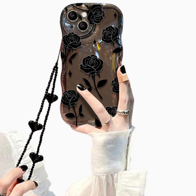 Black Rose Shockproof Wavy Case for iPhone 13–16 Series