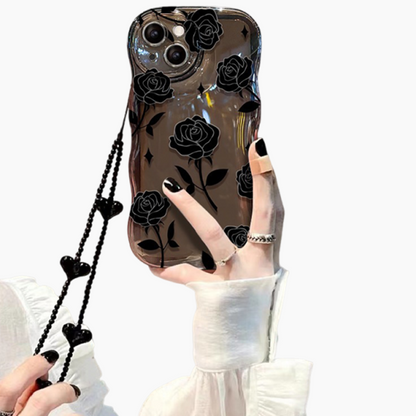 Black Rose Shockproof Wavy Case for iPhone 13–16 Series