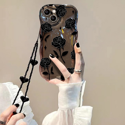 Black Rose Shockproof Wavy Case for iPhone 13–16 Series