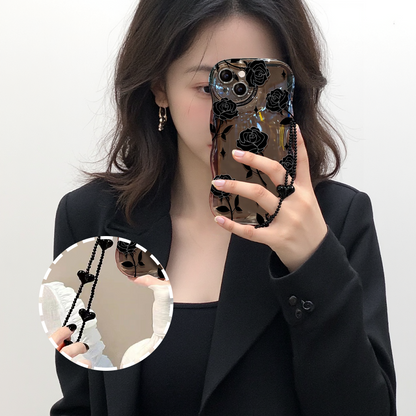 Black Rose Shockproof Wavy Case for iPhone 13–16 Series