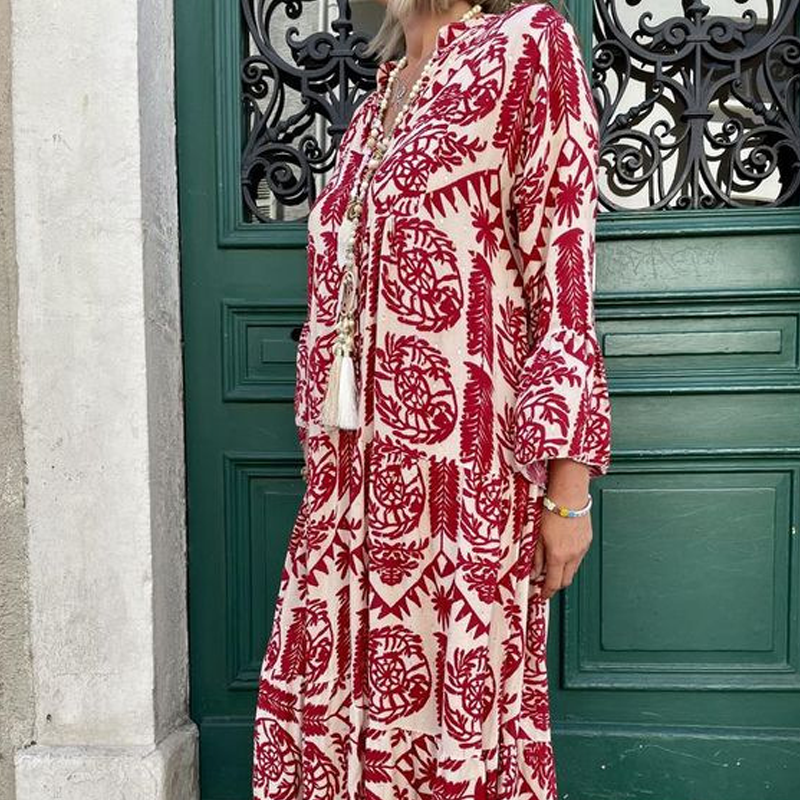 Women's Printed V-Neck Pleated Dress