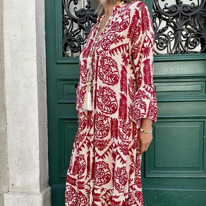 Women's Printed V-Neck Pleated Dress