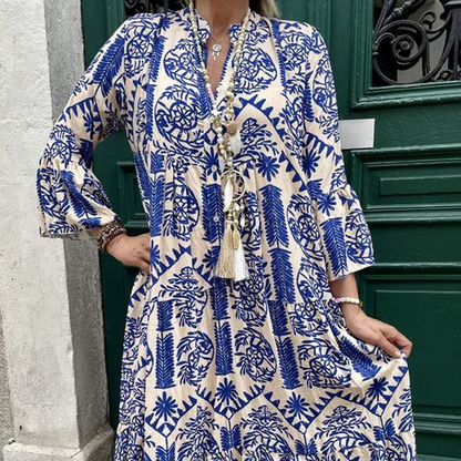 Women's Printed V-Neck Pleated Dress