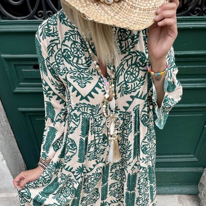 Women's Printed V-Neck Pleated Dress