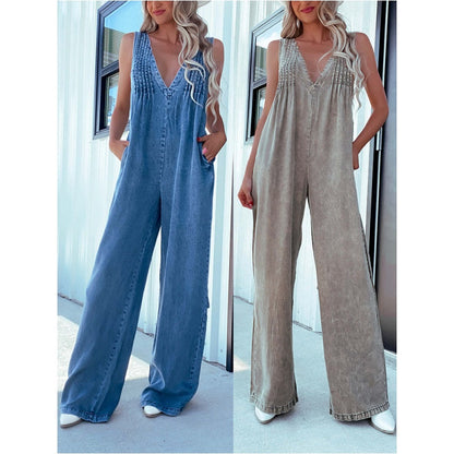 💃V-Neck Sleeveless Sexy Open-Back Washed Denim Jumpsuit🔥